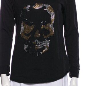 Zadig & Voltaire Vedy Crystals Skull Henley Cotton Top T Shirt Knit Long Sleeve